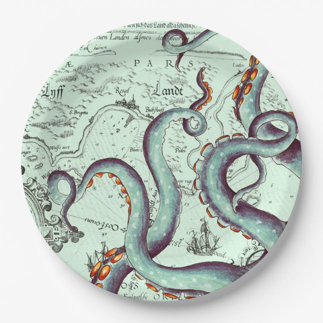 Teal Tentacles On Teal Vintage Map Paper Plates (Front)