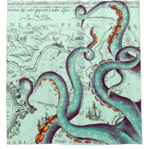 Teal Tentacles On Teal Vintage Map Shower Curtain