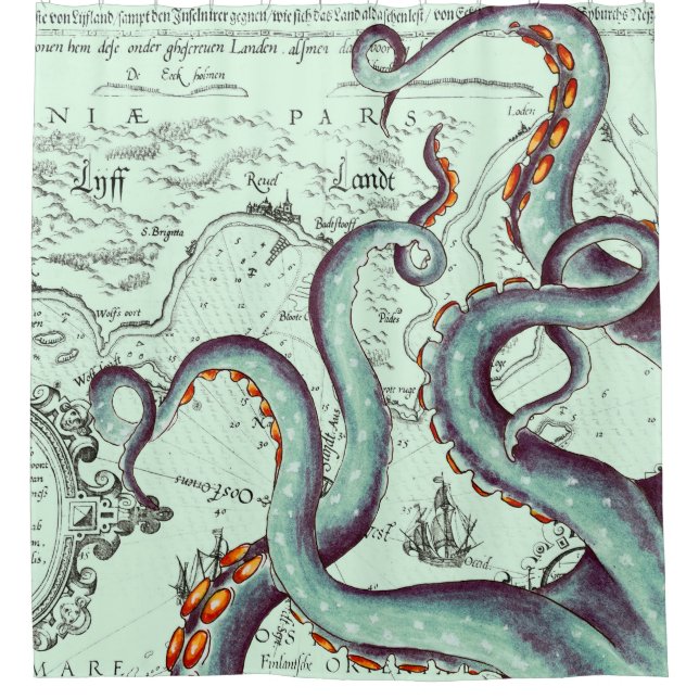 Teal Tentacles On Teal Vintage Map Shower Curtain (Front)
