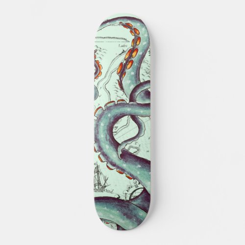 Teal Tentacles On Teal Vintage Map Skateboard