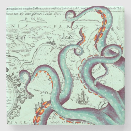 Teal Tentacles On Teal Vintage Map Stone Coaster