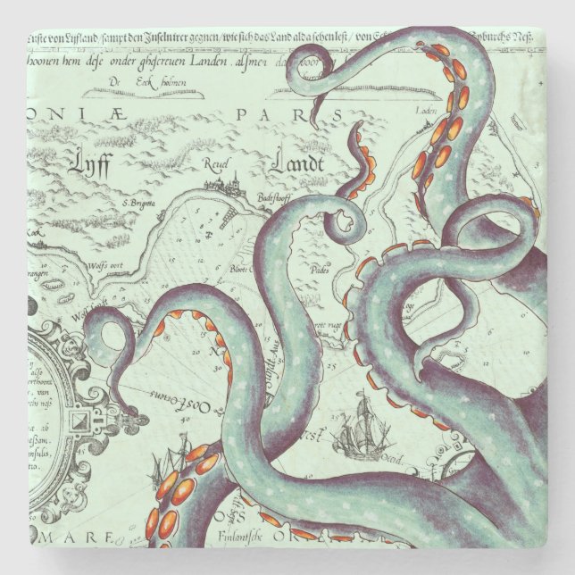 Teal Tentacles On Teal Vintage Map Stone Coaster (Front)