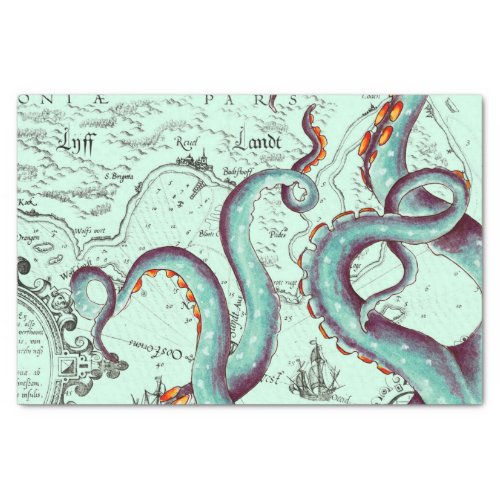 Teal Tentacles On Teal Vintage Map Tissue Paper