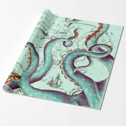 Teal Tentacles On Teal Vintage Map Wrapping Paper