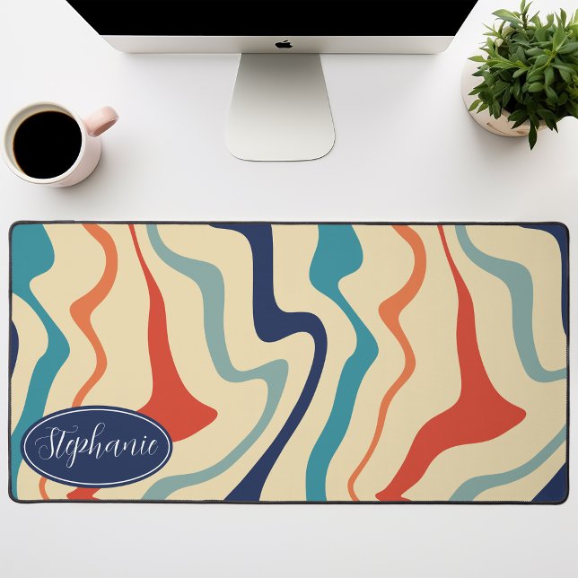 Teal, Terracotta, And Navy Retro Groovy Waves Desk Mat (Creator Uploaded)