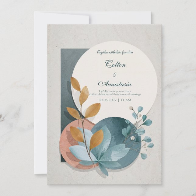 Teal Terracotta Circle Geometric Botanical Wedding Invitation (Front)
