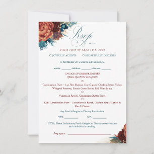 Teal Terracotta Floral Boho Wedding RSVP Card