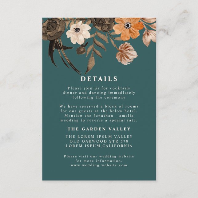 Teal terracotta floral Fall Wedding details Enclosure Card (Front)