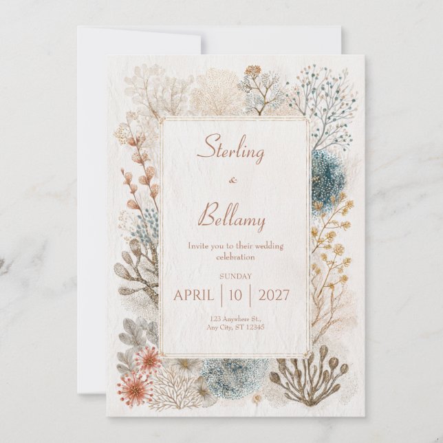 Teal Terracotta Gold Botanical Frame Wedding Invitation (Front)