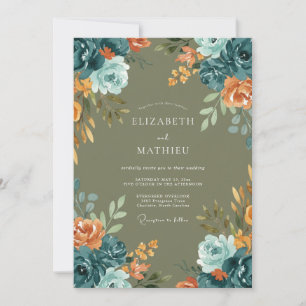 Teal Terracotta Leaf Wedding Invitation