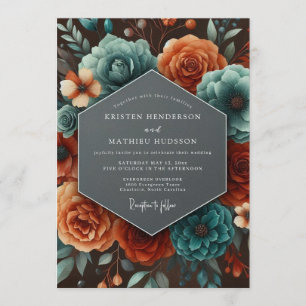 Teal & Terracotta Moody Bloom Wedding Invitation