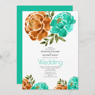Teal Terracotta Watercolor Floral Boho Invitation