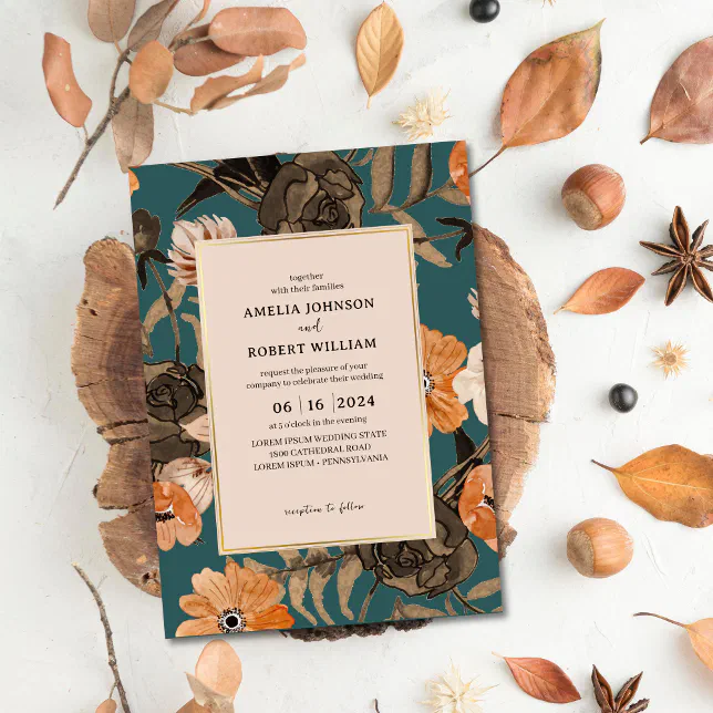 Teal Terracotta Watercolor Floral Fall Wedding Invitation | Zazzle