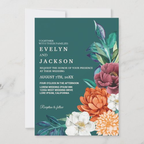 Teal Terracotta Watercolor floral Winter Wedding  Invitation