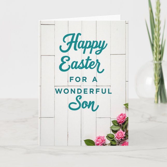 Teal Text Rustic Easter Son Card (Front)