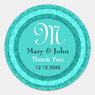 Teal Thank You Monogram Initial Bride and Groom Classic Round Sticker