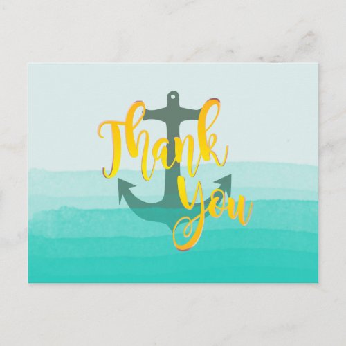 Teal Thank You  Watercolor Beach Nautical Anchor Postcard