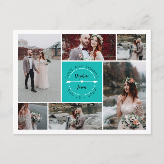 Teal Thank You Wedding Photo Collage Announcement Postcard (Front)