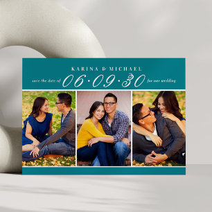 Teal Three Photo Collage Wedding Save The Date