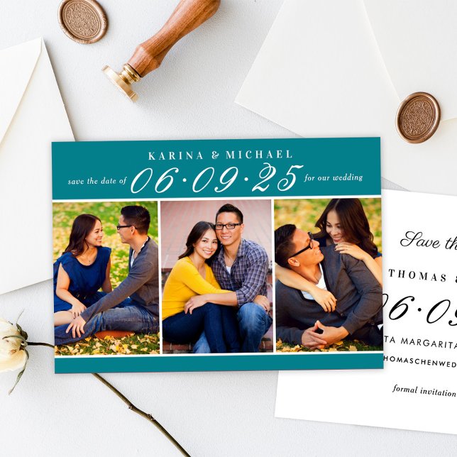 Teal Three Photo Collage Wedding Save The Date (Creator Uploaded)