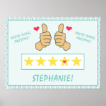 Teal Thumbs Up Five Star Rating Custom Name Poster