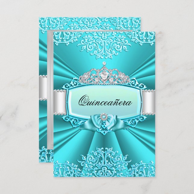 Teal Tiara Damask Quinceanera Invitation (Front/Back)