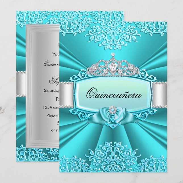Teal Tiara Damask Quinceanera Party Invitation (Front/Back)