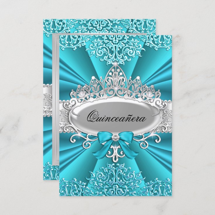 Teal Tiara Damask Quinceanera Party Invite Zazzle