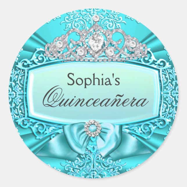 Teal Tiara & Damask Quinceanera Sticker (Front)
