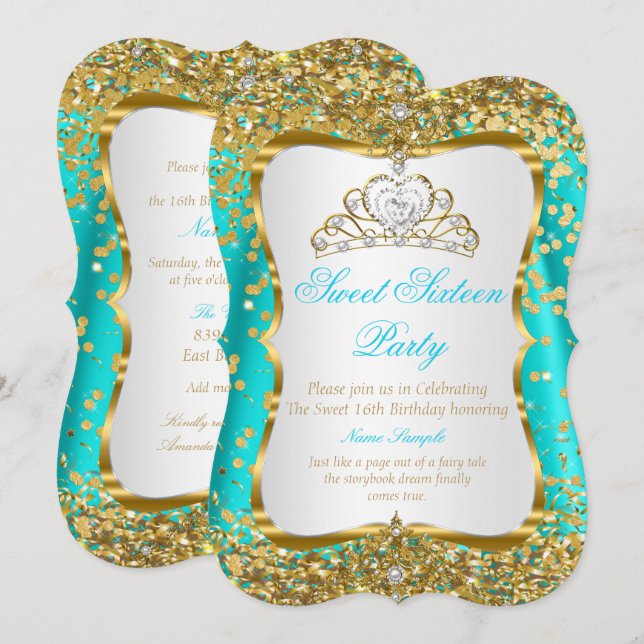 Teal Tiara Princess Sweet 16 Gold White Invite (Front/Back)