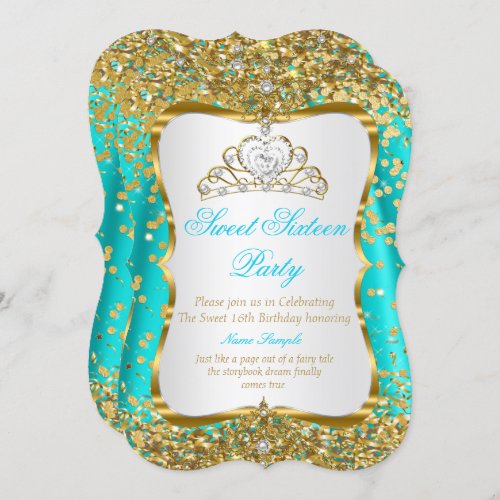 Teal Tiara Princess Sweet 16 Gold White Invite