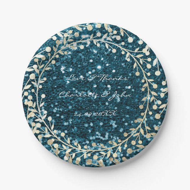 Teal Tiffany Glitter Foxier Gold Wreath Garland Paper Plates (Front)
