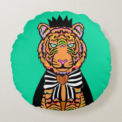 Teal Tiger King Round Pillow 