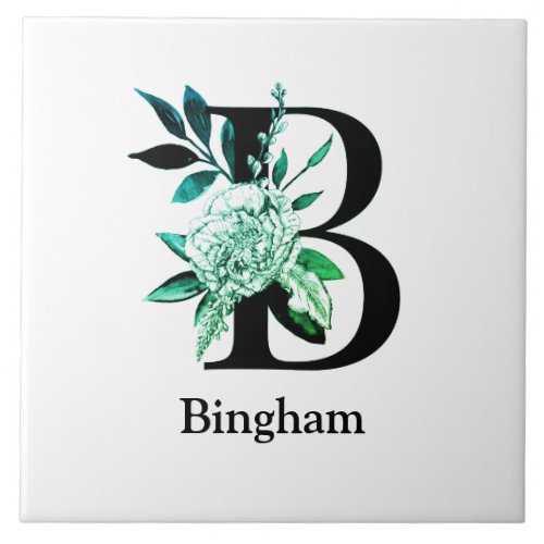 Teal Tint Floral Monogram Letter B Ceramic Tile