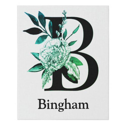 Teal Tint Floral Monogram Letter B Faux Canvas Print