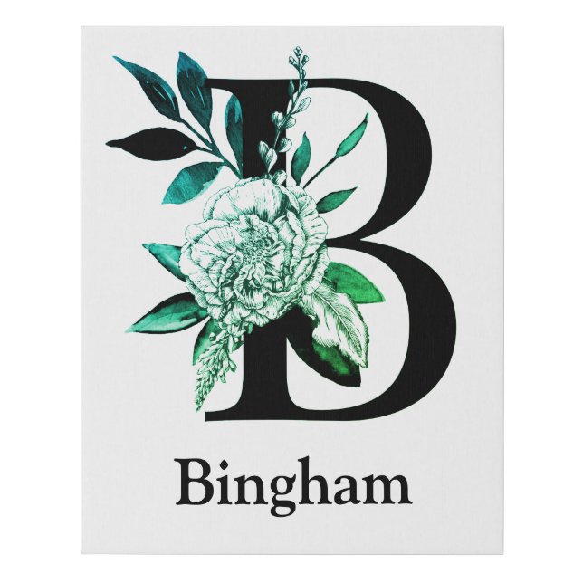 Teal Tint Floral Monogram Letter B Faux Canvas Print (Front)