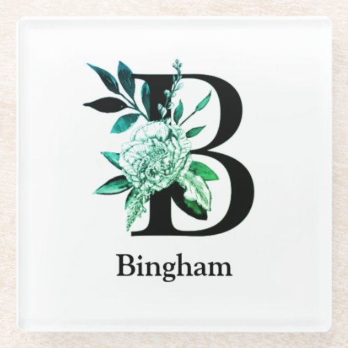 Teal Tint Floral Monogram Letter B Glass Coaster