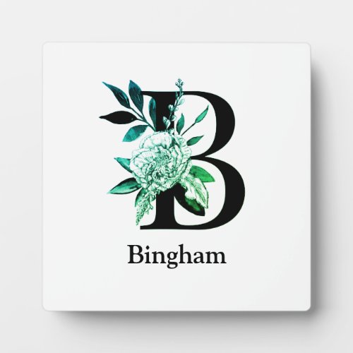 Teal Tint Floral Monogram Letter B Plaque