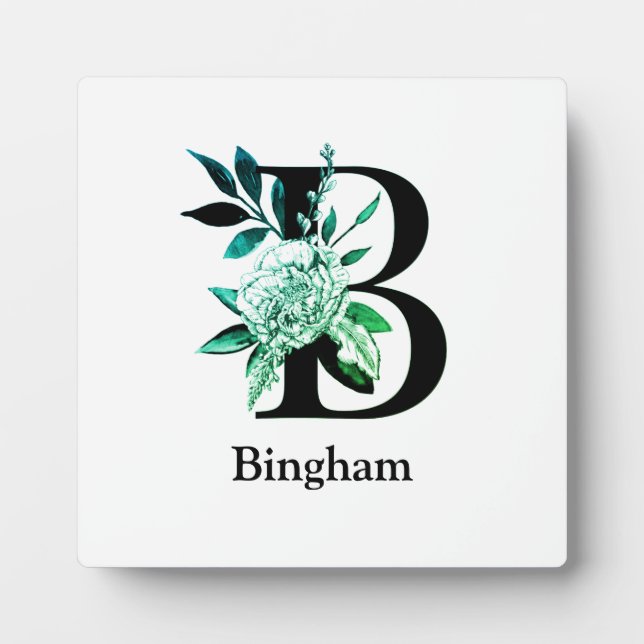 Teal Tint Floral Monogram Letter B Plaque (Front)