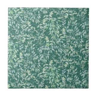 Teal Tiny Silvery Leaves Pattern Decorative Tile