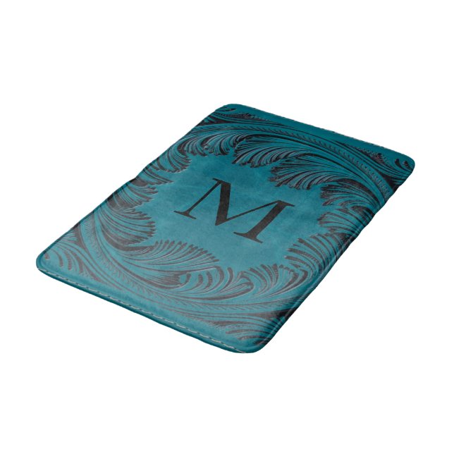 Teal Tooled Faux Leather Western Floral Decor Bath Mat (Angled)