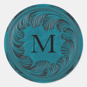 Teal Tooled Faux Leather Western Floral Decor Classic Round Sticker