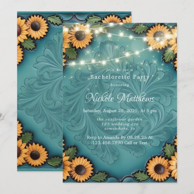 Teal Tooled Leather Sunflower Bachelorette Party Invitation (Front/Back)