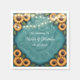 Teal Tooled Leather Sunflower Border Wedding Napkins