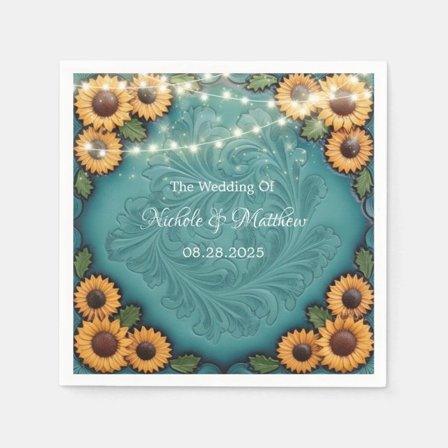 Teal Tooled Leather Sunflower Border Wedding Napkins (Front)