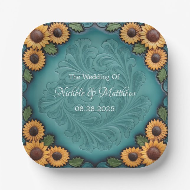Teal Tooled Leather Sunflower Border Wedding Paper Plates (Front)