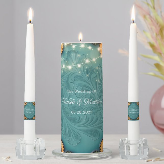 Teal Tooled Leather Sunflower Border Wedding Unity Candle Set (In Situ)