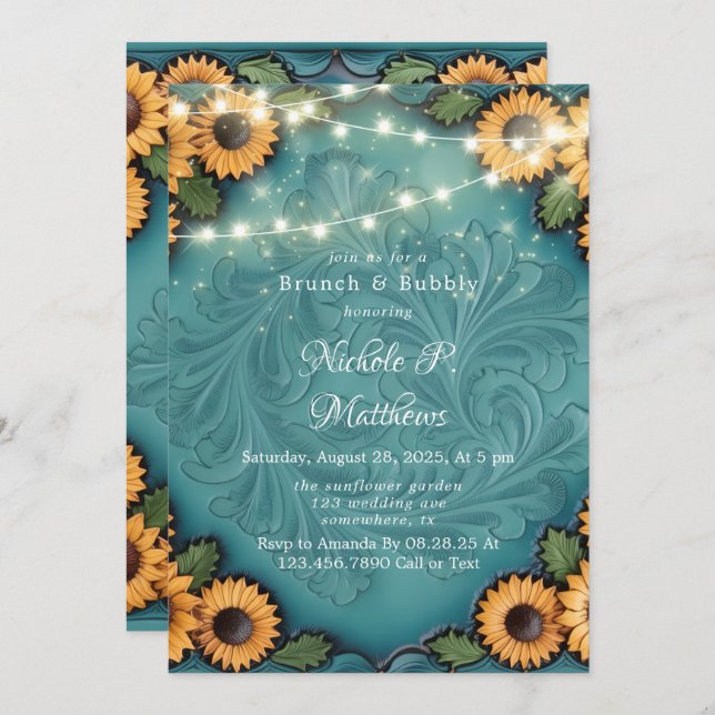 Teal Tooled Leather Sunflower Brunch & Bubbly Invitation (Front/Back)