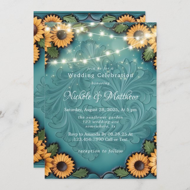 Teal Tooled Leather Sunflower Wedding Celebration  Invitation (Front/Back)