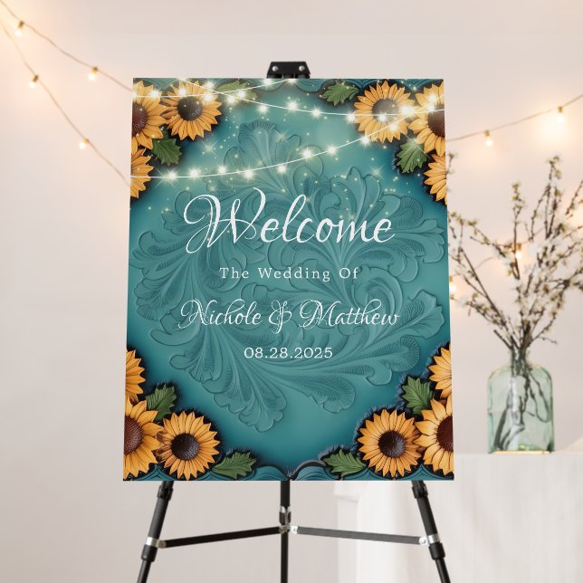 Teal Tooled Leather Sunflower Wedding Welcome Sign (In Situ (Stand))